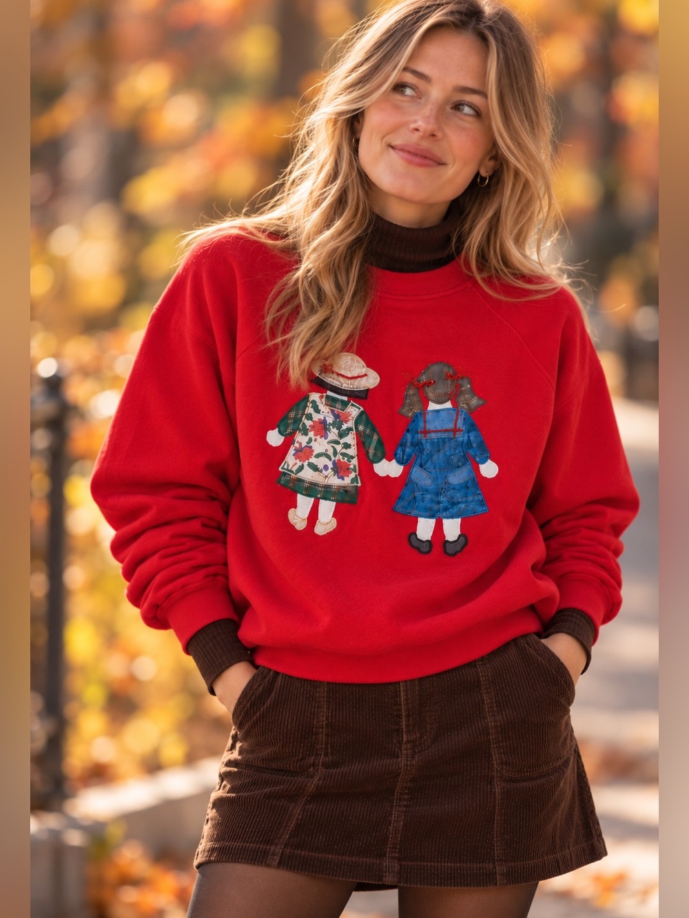Vintage Hanes Red Sweatshirt Quilted Folk Art Figures Appliqué Pullover Large